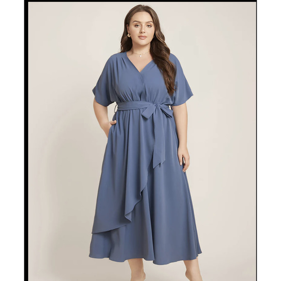Bloomchic Plain Dolman Sleeve Pocket Stone Blue Flutter Midi Dress 1X NWT - Picture 3 of 7